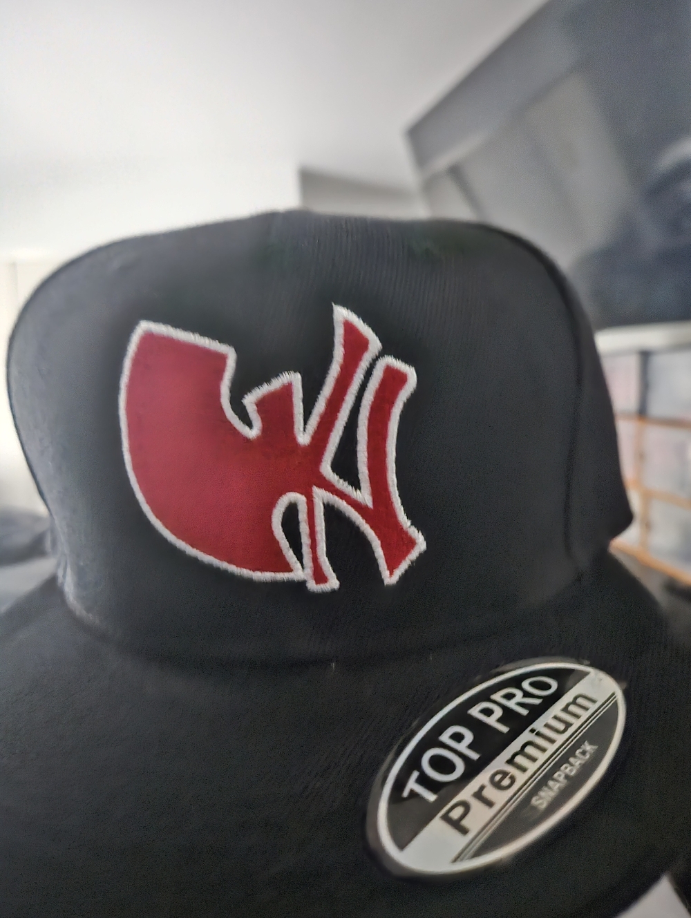 Black Snapback Hat with Red Embroidered Logo Custom Made WU york Snapbsck